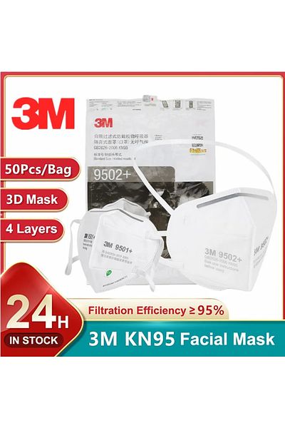 3M 3M9501 -50pcs 3M KN95 Face Mask 9501+/9502+ Original Adult Reusable Earloop Headband Approved Wide S
