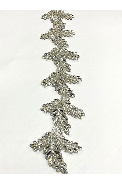 karantuhafiye Iron-On Stone Strip / 50 cm / Silver / Leaf Model / Crystal Stone