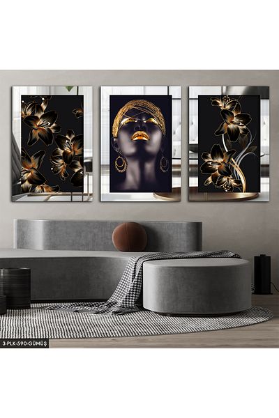 Evinemoda Femeie africană cu flori argintiu 3 piese pictură din plexiglas