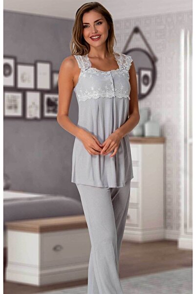 Pelin Women's Gray Lace Strappy Cotton Maternity Pajamas Set