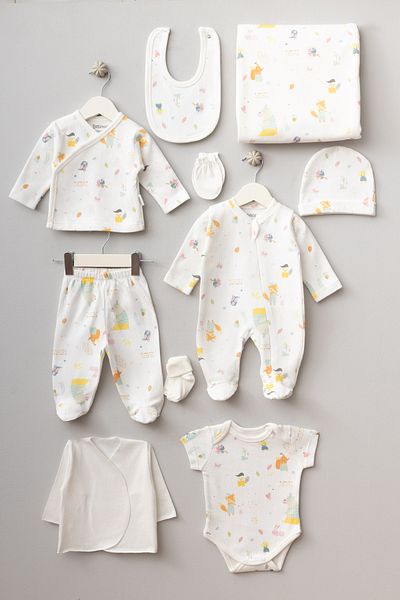 Bebitof 10 Piece Boxed Newborn Hospital Discharge Bodysuit Set with Cute Fox and Teddy Bear Pattern