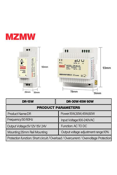 MZMW 5v 100-240v 15w 15w 30w 45w 60w Industrial Din Rail Switching Power Supply Input 100-240v Ac/dc 5v 1