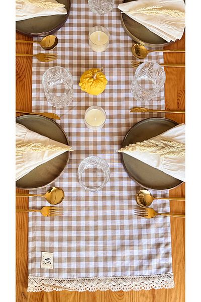 EVYA Gingham Duck Linen Runner - 40x110 cm Vintage Placemat, Βαμβακερή Δαντέλα Τραπεζαρία και Κουζίνα