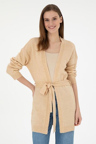 U.S. Polo Assn. Midi Length Waist Belt Detailed Beige Women's Cardigan