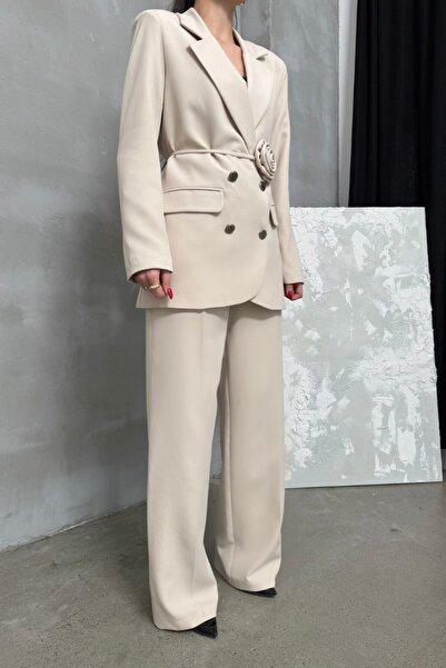 msm fashion Women's Double Blazer Jacket Pants Suit Accessory and Button Detailed Wide Leg