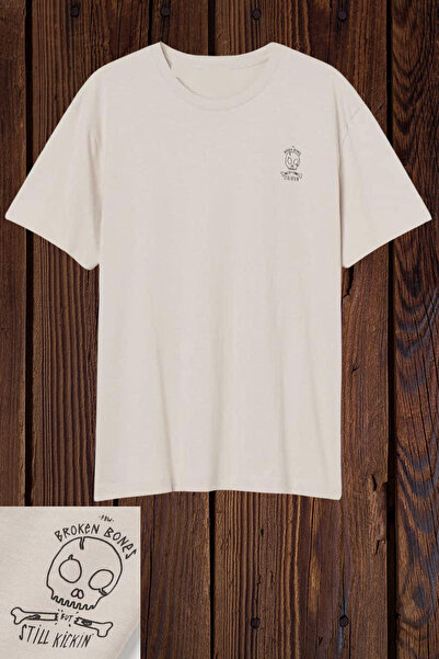 Wish BF تي شيرت كبير الحجم مطبوع عليه عظام مكسورة باللون البيج