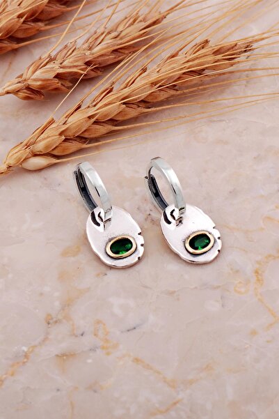 Sümer Telkari Kök Zümrüt Taşlı Plaka Elişi Gümüş Halka Küpe 7241