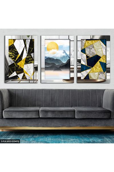 Evinemoda Pictură abstractă din argint cu oglindă din plexiglas din 3 piese