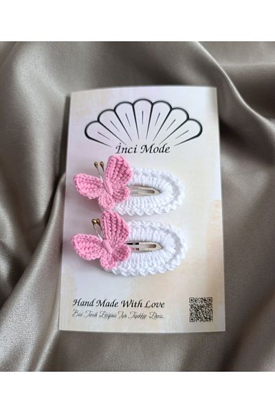 İnci Mode Pink-White Butterfly Patterned Buckle Handmade