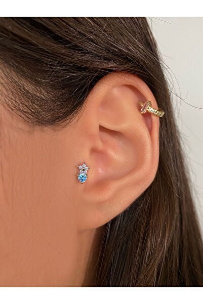 h&b design jewel Cerrahi Çelik Silver Mavi Çiçek Detay Tragus Piercing