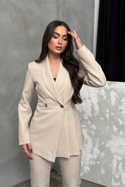 msm fashion Női kétrészes blézerkabát nadrágkosztüm, redős és gombos részletekkel ellátott csőszár