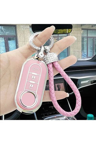 Choice Pink Fiat Key Fob Protector With Rhinestone Key Chain, Soft Tpu Key Case For Fiat 500 Key Holder, Bo
