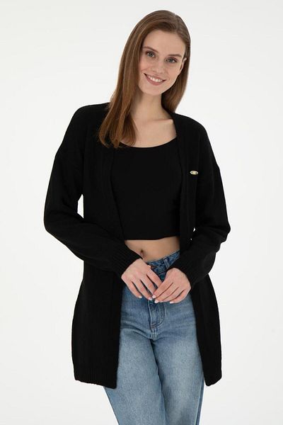 U.S. Polo Assn. Midi Length Waist Belt Detailed Black Women's Cardigan