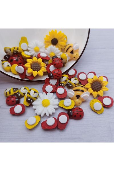 Choice 50pcs 13~22mm Self-Adhesive Resin Wood Mixed Bees Ladybugs Daisy Sunflower Flatback Stickers Embe...