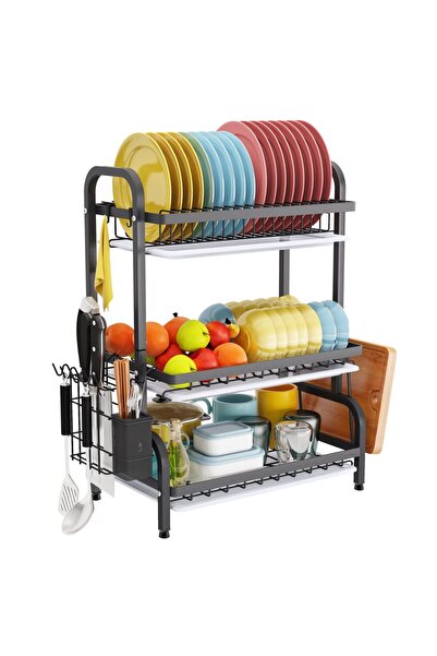 Choice رف تجفيف الأطباق الأسود ذو الثلاث طبقات مع حامل أدوات المائدة، مع حامل...