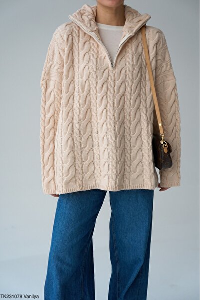 Lupies Kadın Vanilya Balıkçı Yaka Fermuarlı Örgülü Oversize Triko Kazak