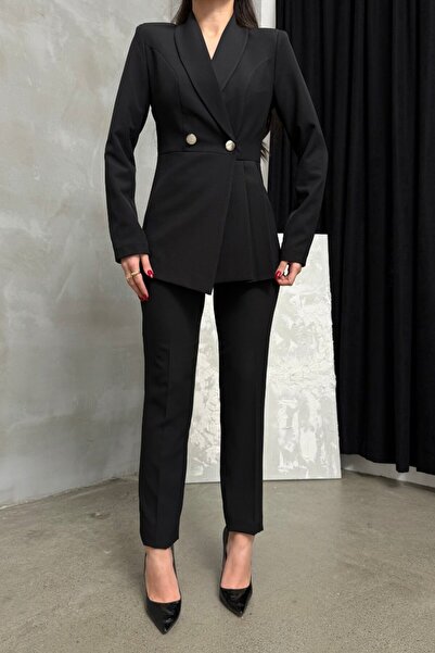 msm fashion Női kétrészes blézerkabát nadrágkosztüm, redős és gombos részletekkel ellátott csőszár