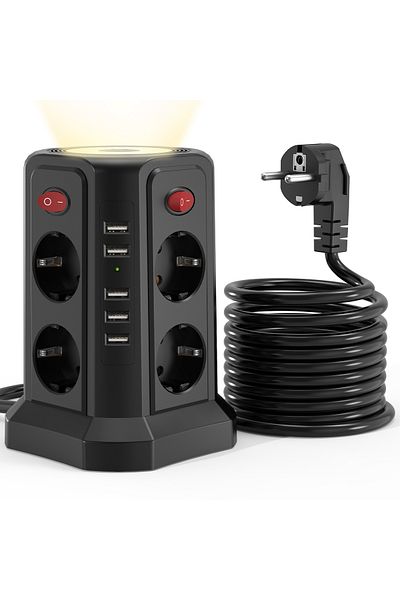 Choice 110-250v Eu 8 Black Eu 8-position Multifunctional Socket Tower With 5 Usb Ports, Independent Control