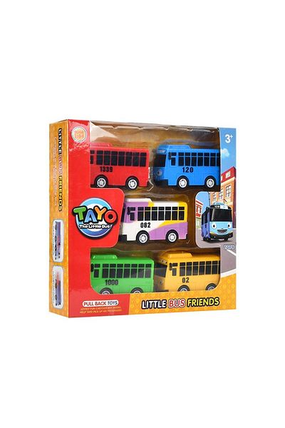 Choice 5pc 7cm Square Box Korean Tayo Mini Bus Little Bus Friends Openable Doors, Slide & Pull Back Toy Bus