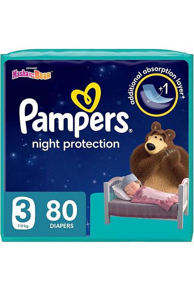 Pampers Baby-Dry Night Diapers for Extra Sleep Protection, Size 3, 7-11Kg, 80 Diaper Count