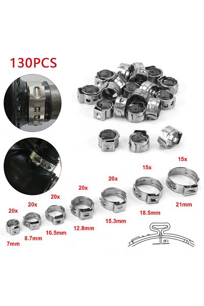 YISEONG 130pcs Hose Clamps 5.8-21mm Single Ear Stepless 304 Stainless Steel Hose Clamps Cinch Clamp Rings...
