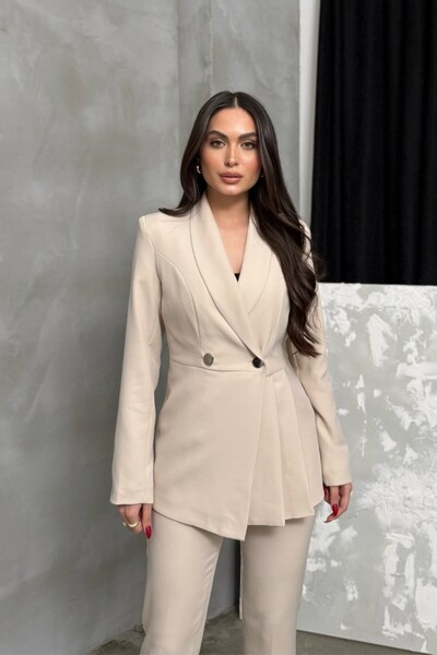 msm fashion Női kétrészes blézerkabát nadrágkosztüm, redős és gombos részletekkel ellátott csőszár