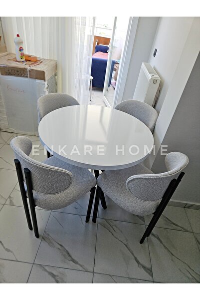 Enkare Badem Masa Sandalye Takımı, Yuvarlak Masa Takımı, Teddy Kumaş, 4 Kişilik, İskandinav, 90x90