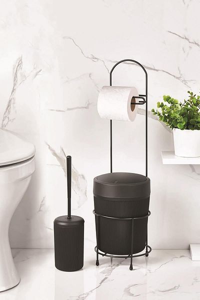 AC BOX Black Bathroom Set with Metal Stand, Round Bucket, Paper Holder and Brush Holder