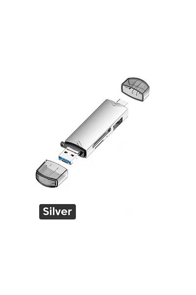 Choice قارئ بطاقات USB 3.0 متعدد الوظائف 6 في 1 فضي، نوع C/micro USB/tf/sd، محرك أقراص فلاش USB