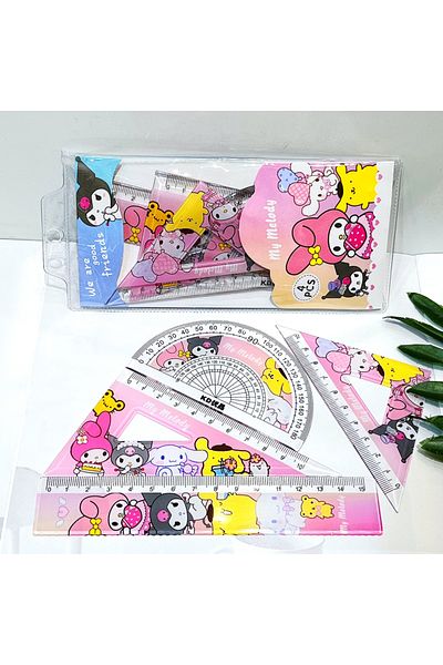 Choice 1 Cartoon Sanrio Student Ruler 4 Piece Set Kawaii My Melody Kuromi Triangular Plate Protractor Meas.