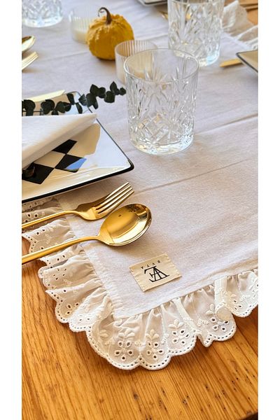 EVYA 40x110 cm Serviciu Bohemian Bohemian cu volane festone - 100% bumbac lenjerie brută, masă