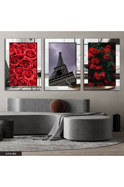 Evinemoda Roses Turnul Eiffel Argintiu 3 Piese Plexi Oglindă Tablo