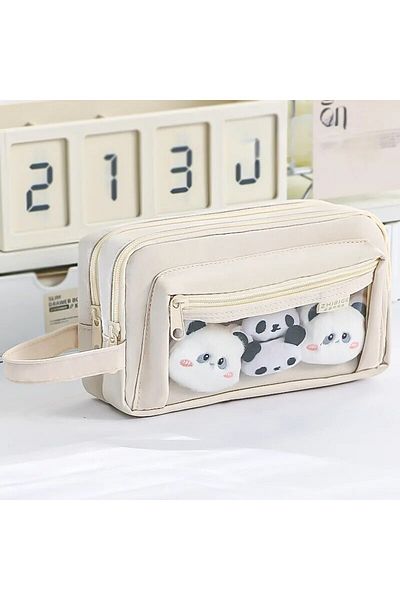 Choice Beige Multi Layered Pencil Case With Transparent Front Pocket Design, Large Capacity And Cute Studen