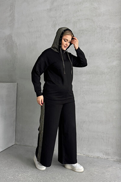Stil Diva Plus Size Long Sleeve Hoodie and Loose Leg Pocketless Tracksuit Set 106-73-74