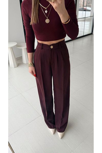 My Blog Burgundy Gold Buttoned Elastic Waist Palazzo Trousers - 51078