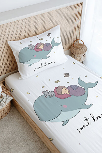 Tuğba Kuğu Single Fitted Sheet Set - Pure Baby Series - Whale and Child