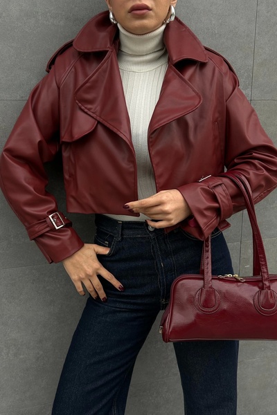 Eka Jachetă de piele crop de damă bordeaux 0990-5055