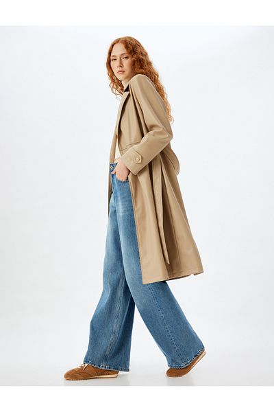 Koton Long Faux Leather Trench Coat Double Breasted Belted Pockets Buttoned