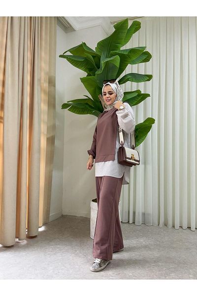 Aselim Hijap Moda Διπλό Σετ με Πουκάμισο Plus Size - Καφέ