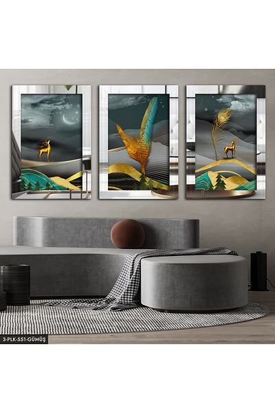 Evinemoda Abstract Deer Nature Silver 3 piese de pictură cu oglindă din plexiglas