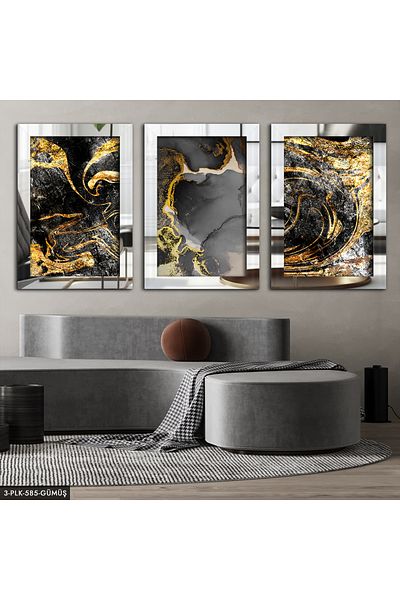 Evinemoda Design abstract argintiu 3 piese pictură cu oglindă din plexiglas