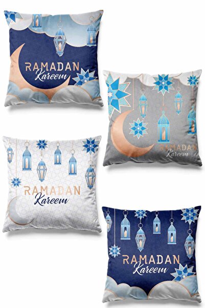 Pilloveland Çift Tarafı Baskılı Ramazan Cloud Desenli 4'lü Set Süet Kırlent Kılıf Ramadan Kareem