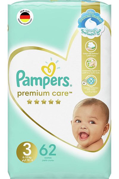 Pampers Premium Care, Size 3, Midi, 6-10 kg, Mega Pack, 62 Taped Diapers