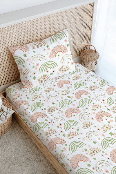 Tuğba Kuğu Single Fitted Sheet Set - Iconic Series - Soft Floral Moon and Rainbow