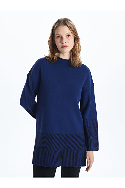 LC Waikiki Blue Mock Neck Patterned Long Sleeve Women's Knitwear Tunic