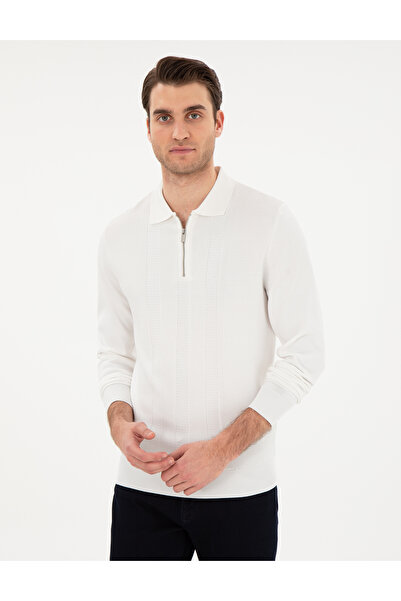 Pierre Cardin Ekru Regular Fit Fermuarlı Polo Yaka Triko Kazak 50296453-VR019