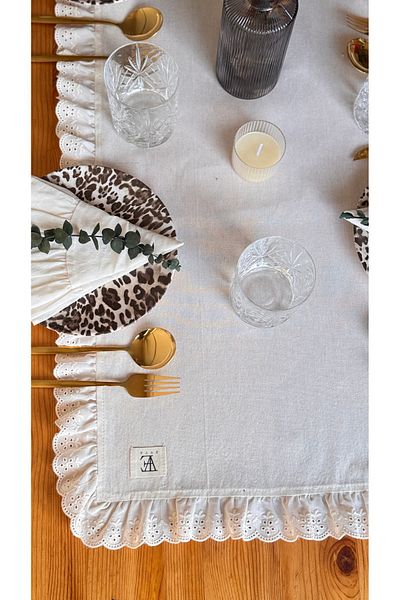 EVYA 40x110 εκ. Χτένισμα με βολάν Bohemian Doily - 100% βαμβακερό ακατέργαστο λινό δρομέας, τραπέζι φαγητού