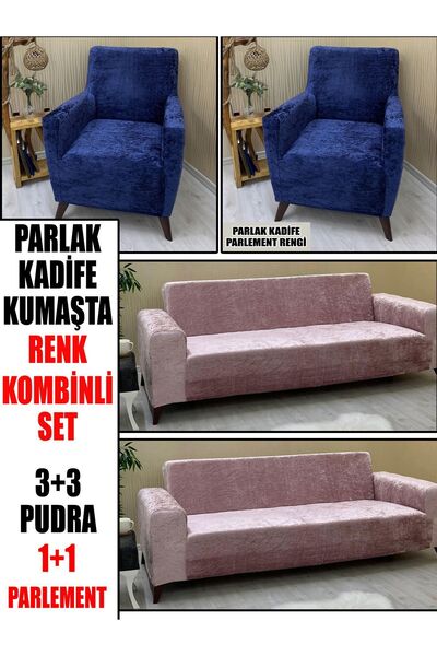 KILIFSAN PARLAK KADİFE KUMAŞ RENK KOMBİNLİ 2 ADET ÜÇLÜ & ÇEKYAT- 2 ADET TEKLİ...