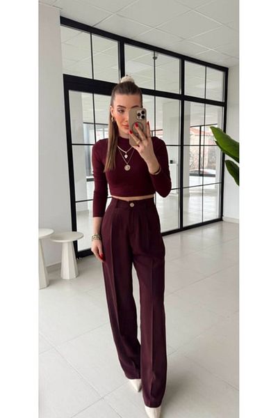 My Blog Burgundy Gold Buttoned Elastic Waist Palazzo Trousers - 51078