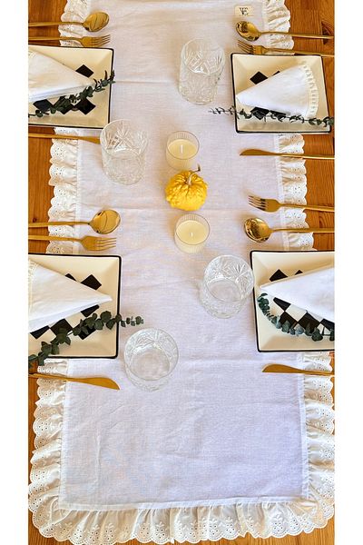 EVYA 40x110 cm Serviciu Bohemian Bohemian cu volane festone - 100% bumbac lenjerie brută, masă